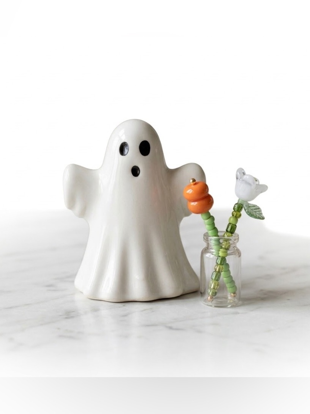Mini White Ceramic Ghost Halloween Figurine with Orange Flower Duo in Mini Vase